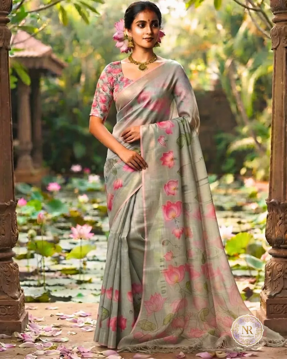 Ethereal Pastel Green Tissue Lotus Print Saree