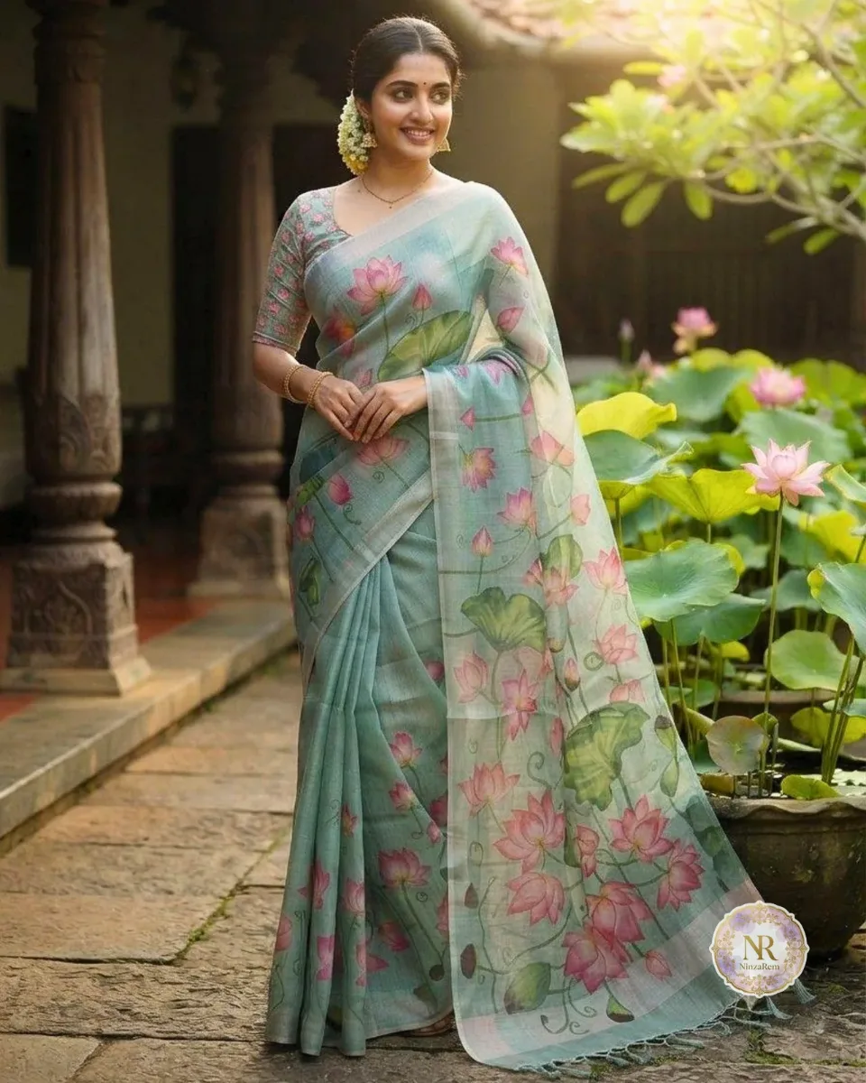 Refreshing Light Green Tissue Lotus Print Saree