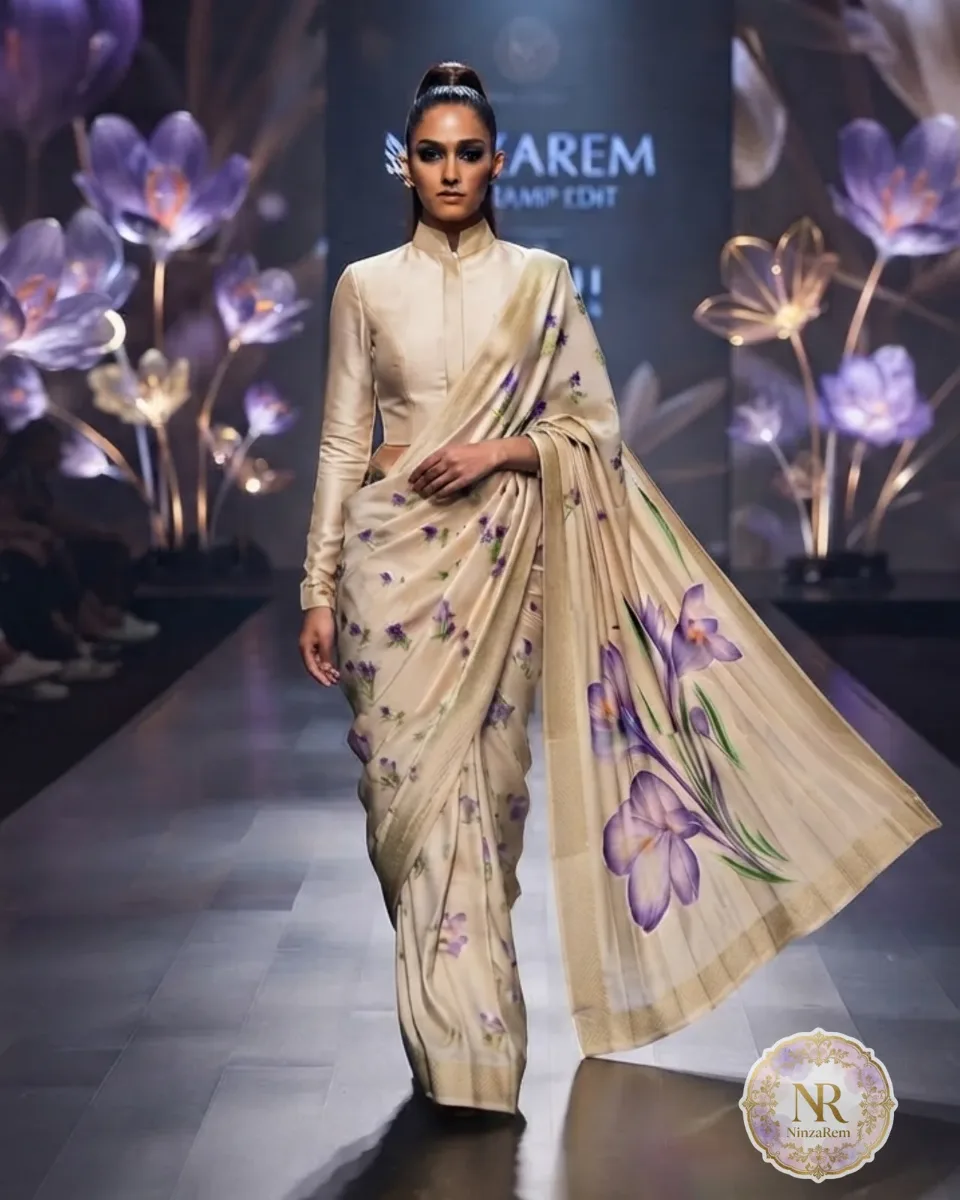 Soft Tissue Saree with Lily Print and Crochet Lace Border