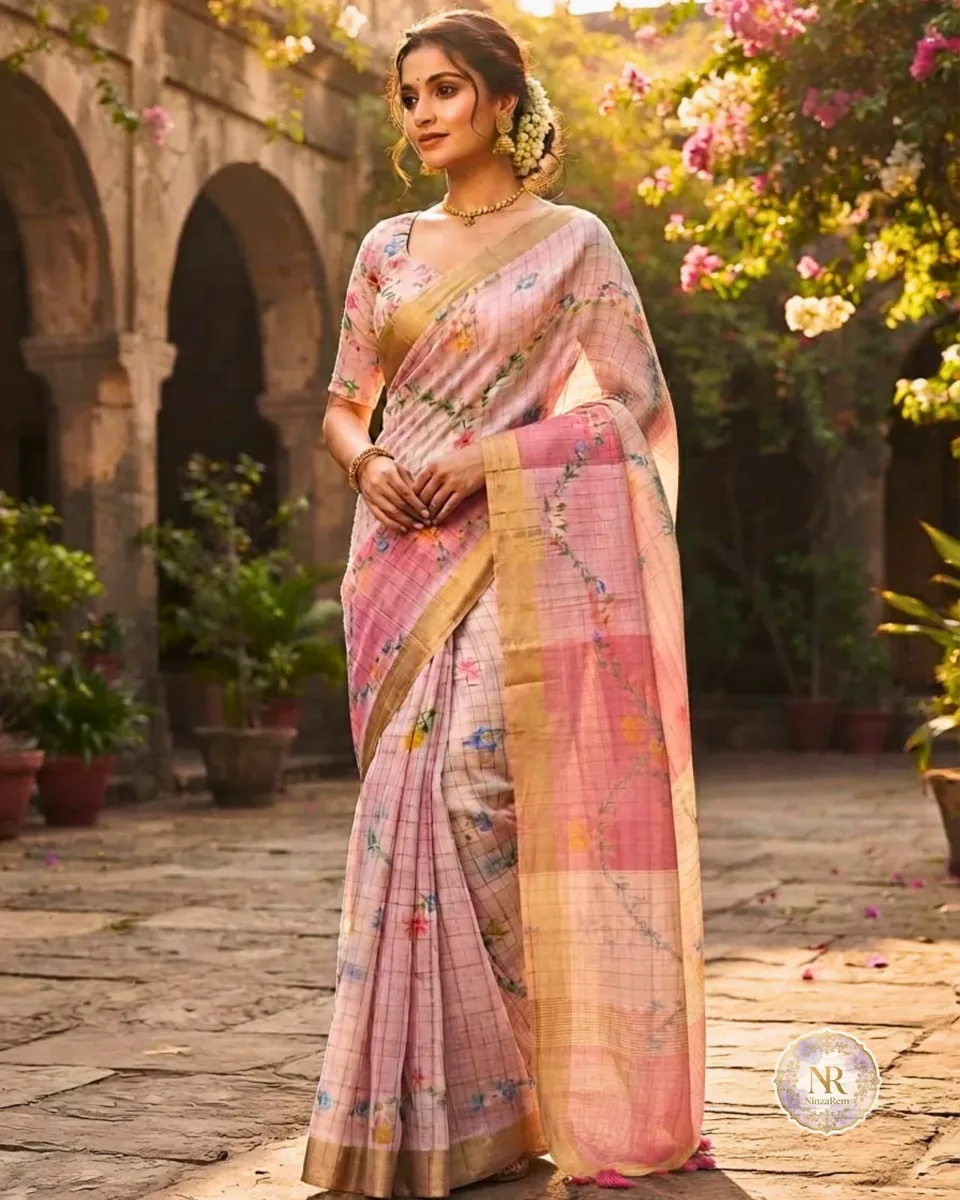 Stunning Pink Semi-Linen Double Shade Check Kasavu Saree