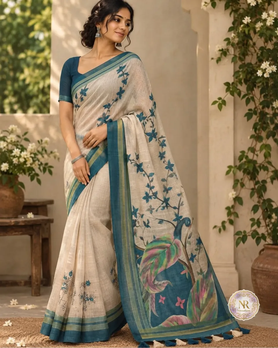 The Blue Peacock Semi-Linen Saree