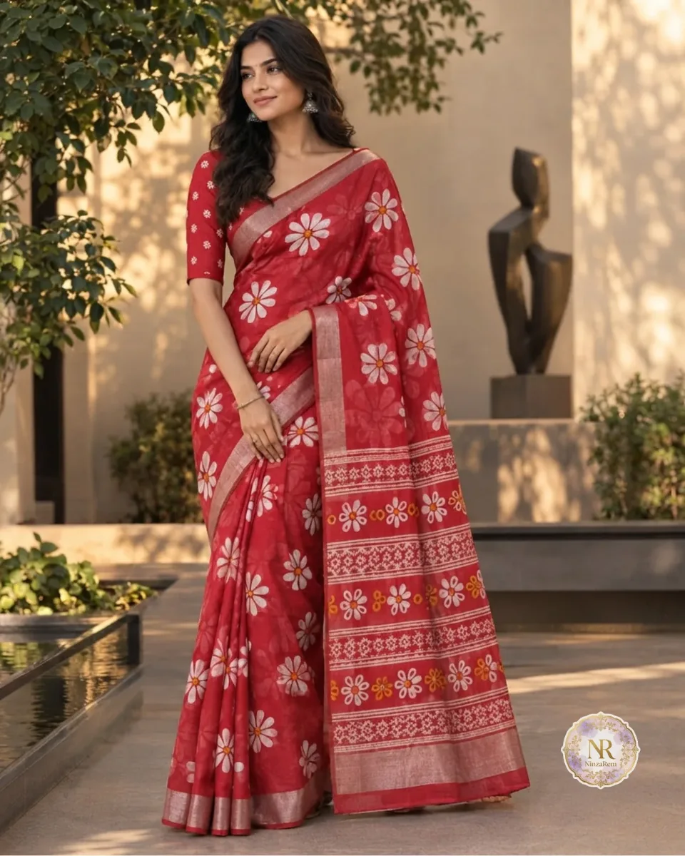 Vibrant Red Semi-Linen Saree with White Sunflower Print & Kasavu